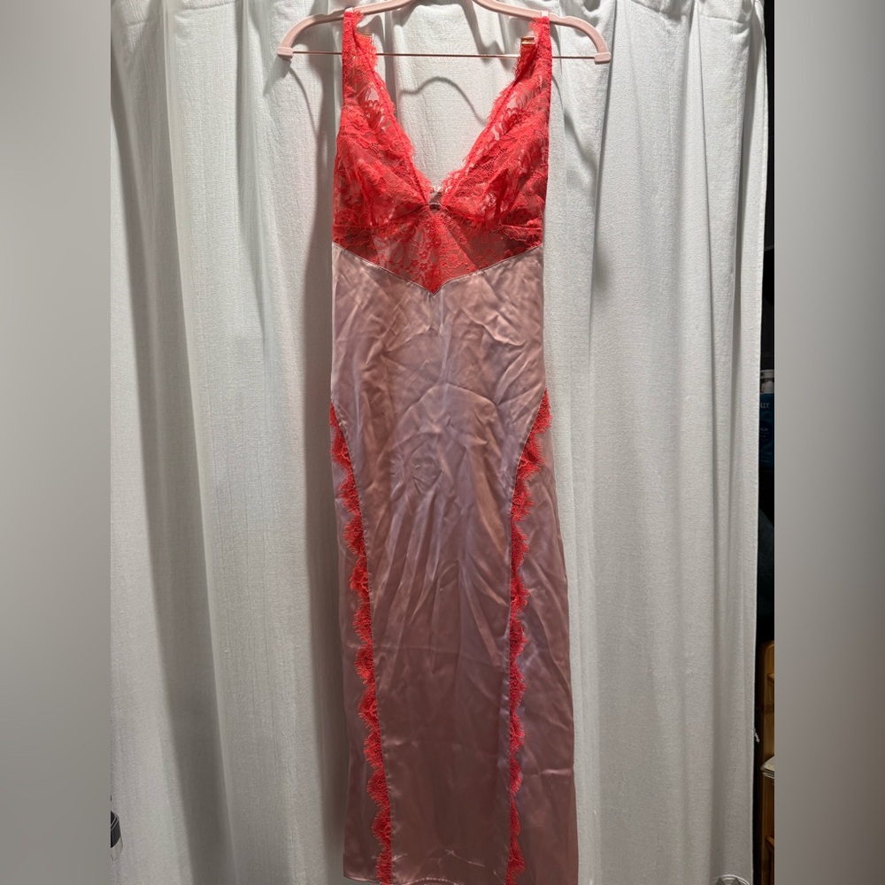 Fleur du Mal Pink Slip with Coral Lace Trim